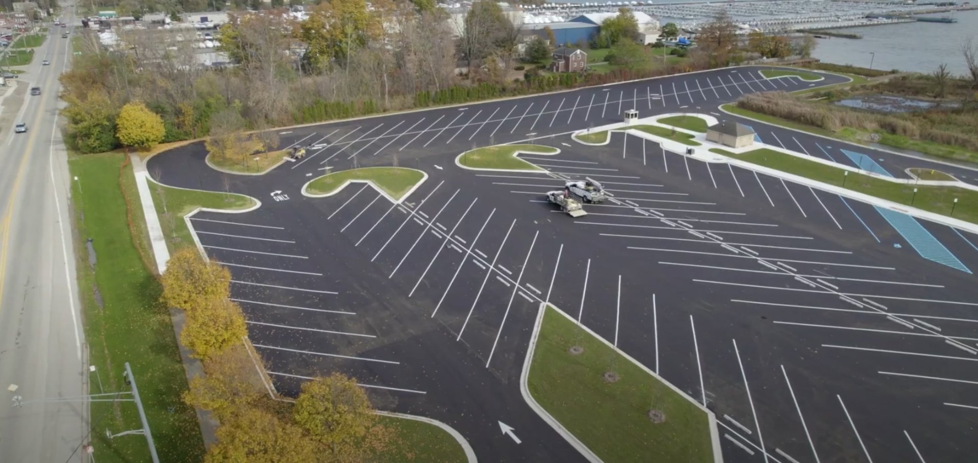 Aerial view of commercial landscaping with curved design elements