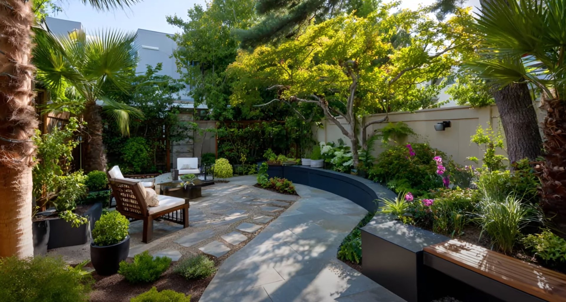 Modern backyard landscape design with curved pool, seating areas, and lush plantings