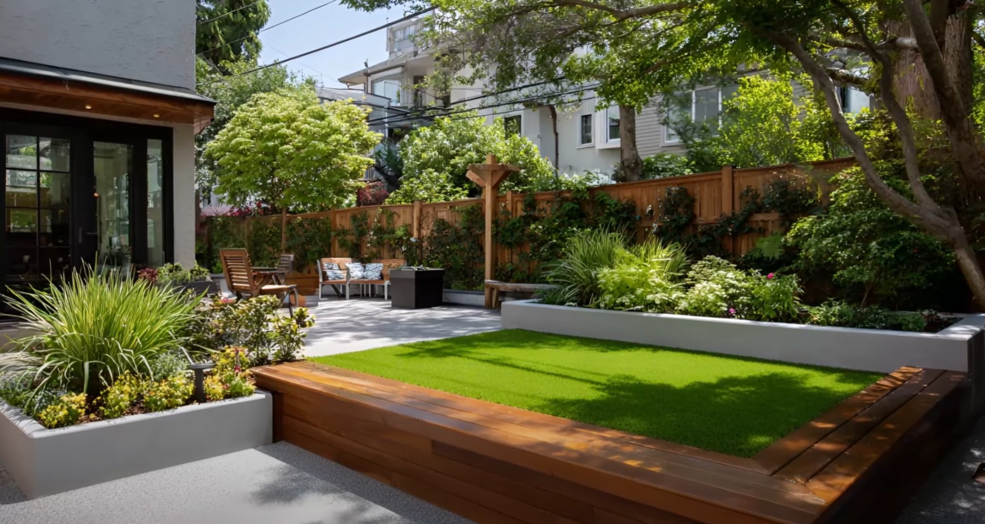 Modern backyard with raised planters and clean lines